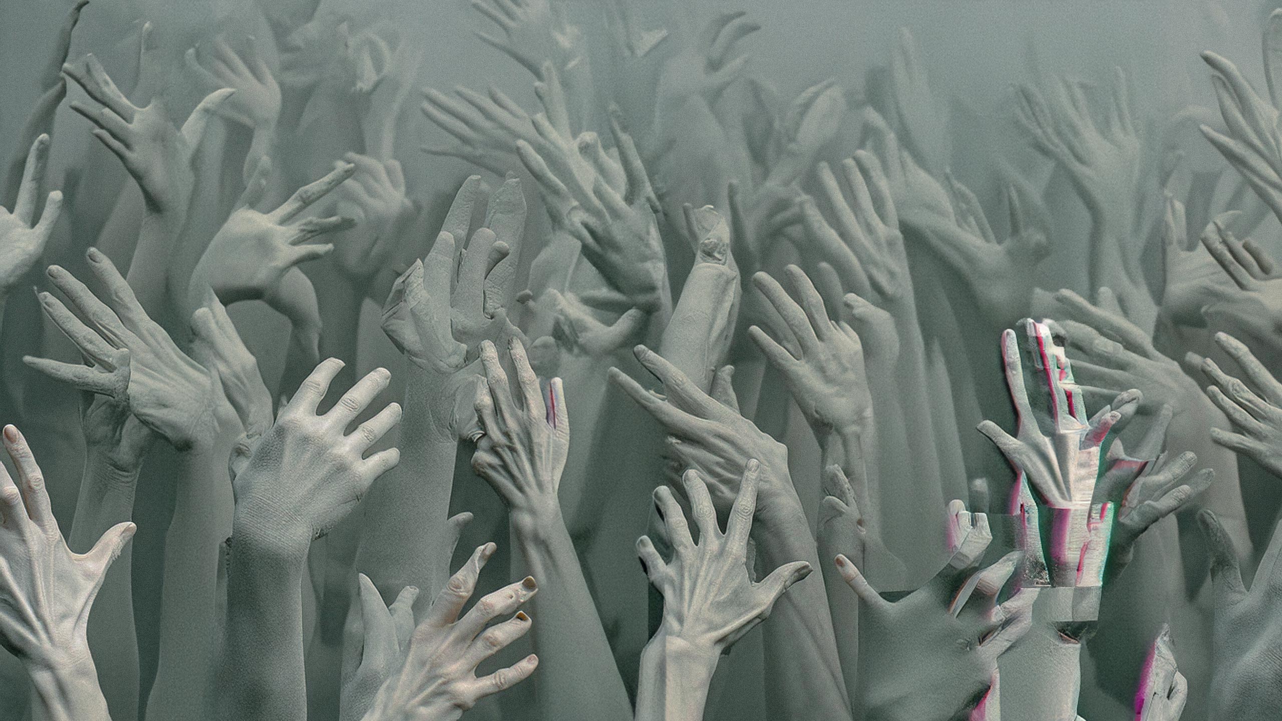 A partially AI-generated image of dusty pale hands reaching up from the abyss; everything has a mint-green tint to it. All the hands are distorted in some way, and there are glitch effects in areas of the image too.