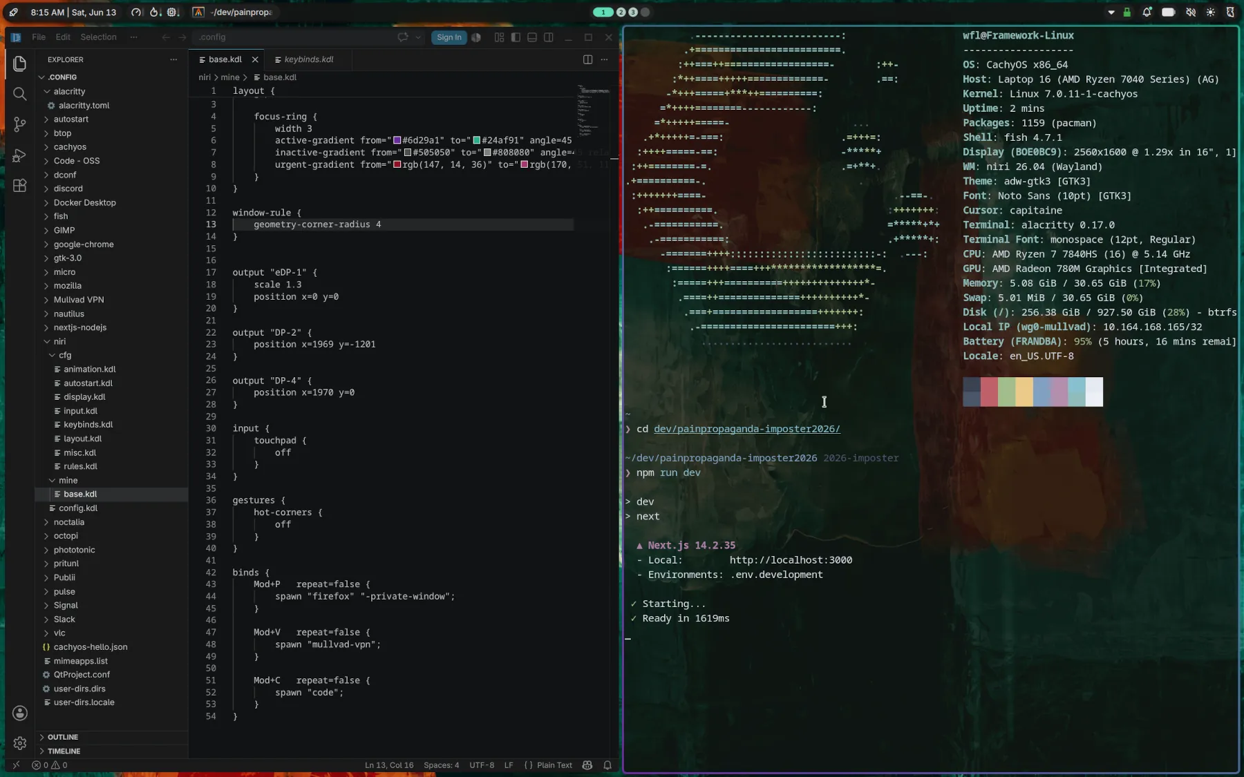 A screenshot of a CachyOS desktop running Niri and Noctalia; It shows a VS Code window with the Niri config open, and a terminal window next to it.