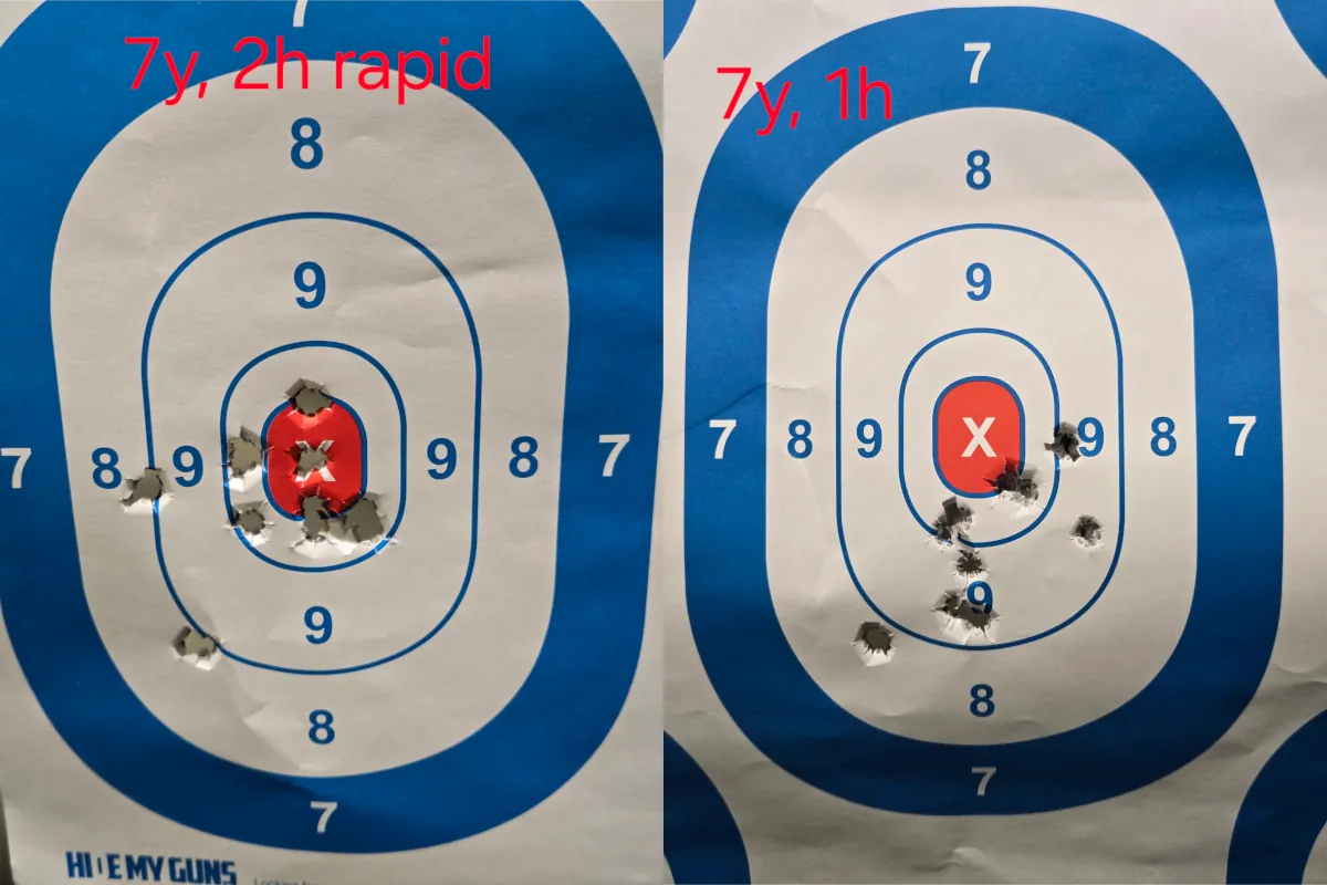 Left: Tight groups at 7 yards, two-handed, rapid fire. Right: Reasonable group size at 7 yards, one-handed