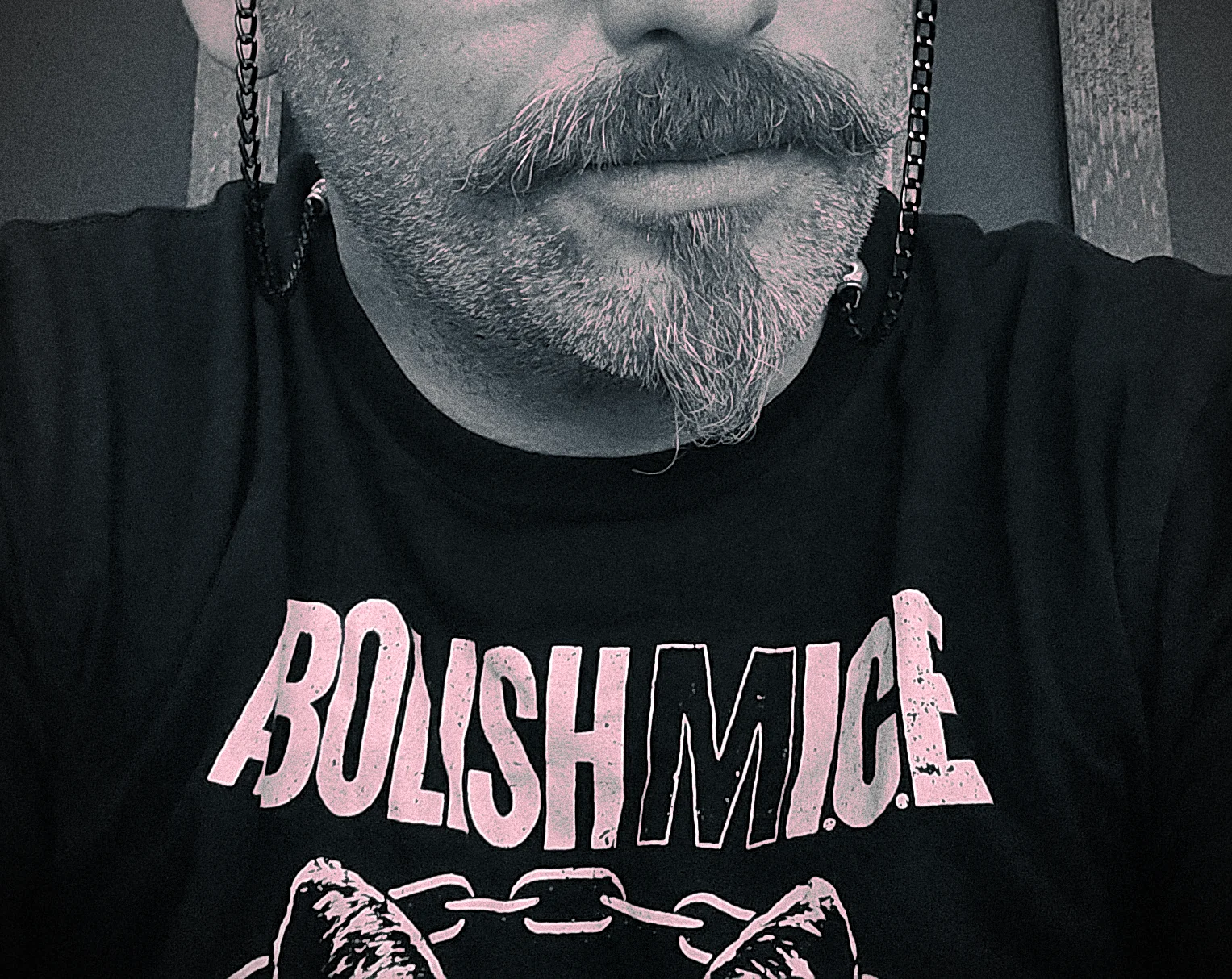 A close-up photo of a man with a rough beard, thick moustache and soul patch. You can see the top of his t-shirt, which reads "Abolish (M)ICE". It is processed in a duotone method designed to imply a state of sadness, just slightly colorized from a black and white image.