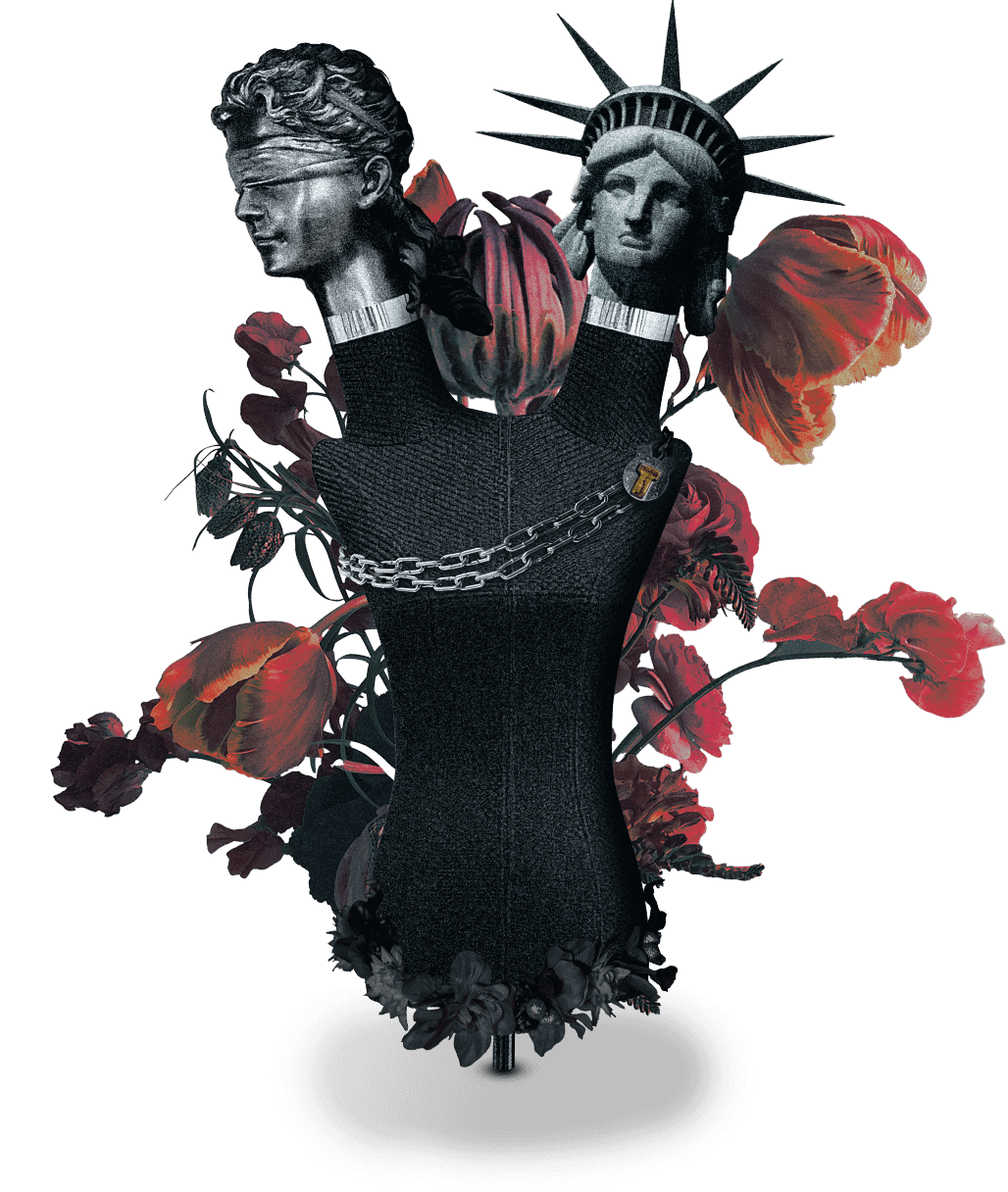 This alt text will describe the whole scene, rather than just this image.. Aside from the text above, of course. A black-body cloth mannequin sits atop a hypnotic spinner; This mannequin has 2 heads. One is lady justice, blindfolded. The other is lady liberty. A chain is wrapped around the torso of this mannequin, and a lock with a golden 'T' is emblazoned upon it. Behind this mannequin are dead and dying flowers, and a black wreath wraps around the base of it. The backdrop of the mannequin features an omonous, cloudy sky. Little severed fists and hands with the middle finger extended float around in the air surrounding the mannequin, wobbling precariously with wings extended. Rose petals slowly fall from the top of the scene to the bottom.