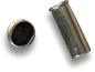 2 22LR empty shell casings viewed from above; One is standing vertically, the other is on it's side. The vertical one is dented a little bit.